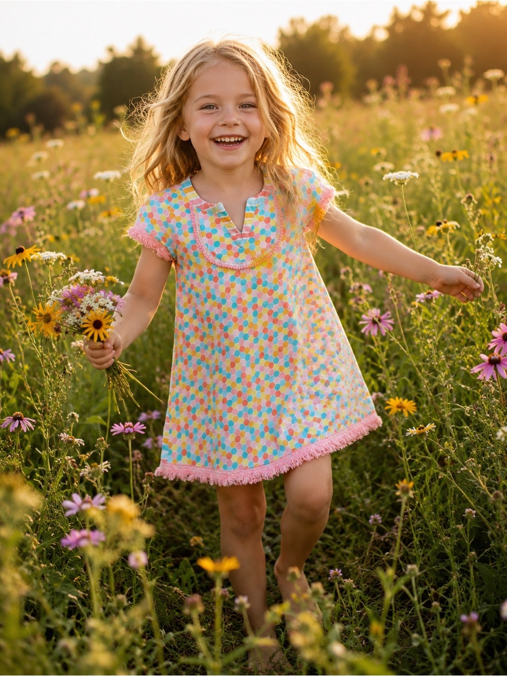 8 - Matilda Jane Pastel honeycombs swing top Dress with Pink Trim, side pockets